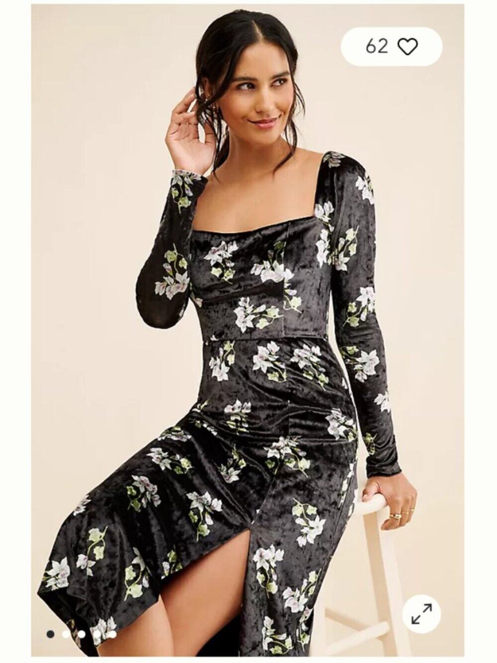 Anthropologie Hutch Velvet Floral Midi Dress Black Size M